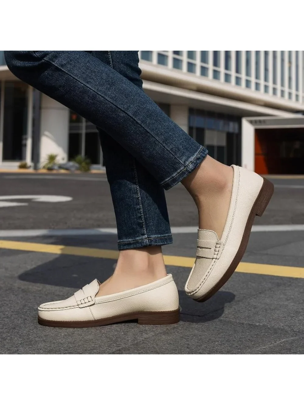 Women's Beige Leather Comfortable Penny Loafers Slip On Casual Walking Shoes